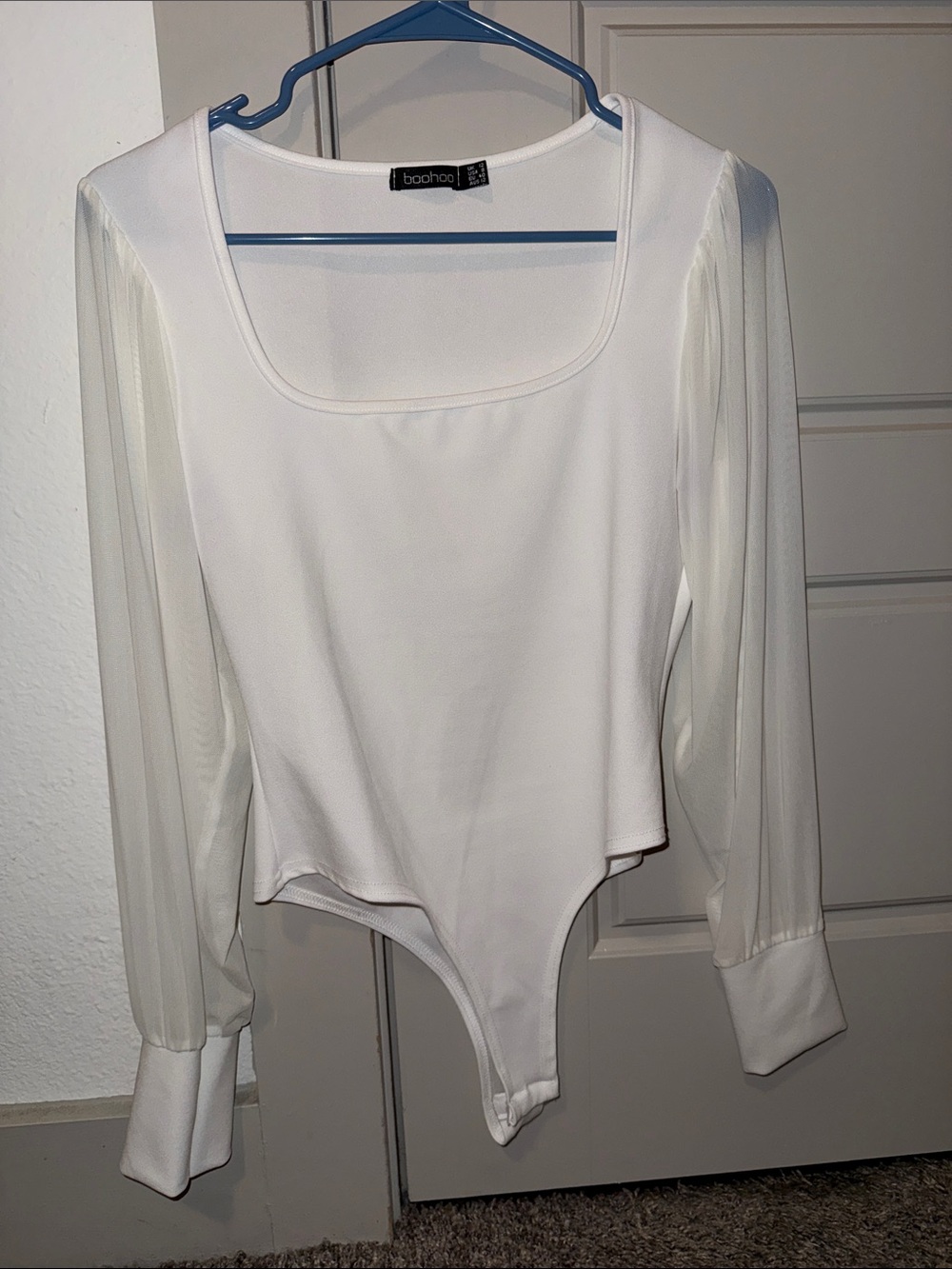 Boohoo White Sheer-Sleeve Square Neck Bodysuit